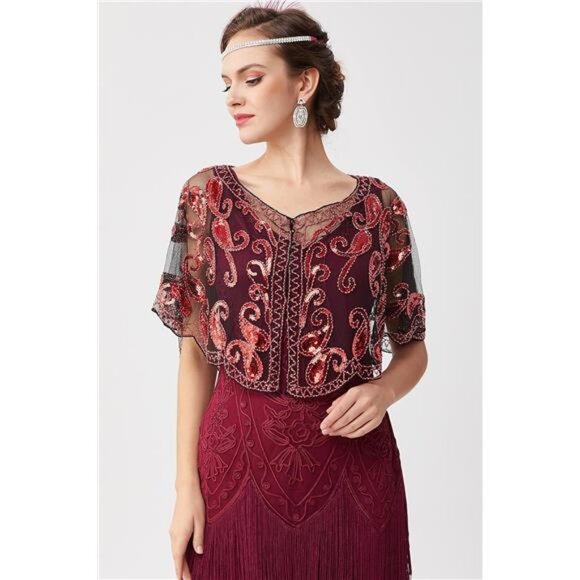 Shawl Wraps Sequin Beaded Cape Black Red - Picture 2 of 6